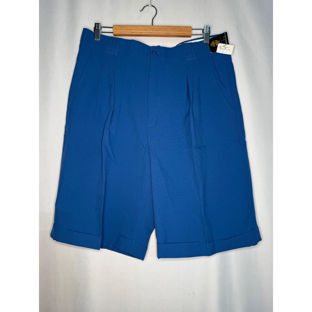 Vintage Style Mens Royal Blue Pleated Cuffed Dress Shorts Size 36 Polyester